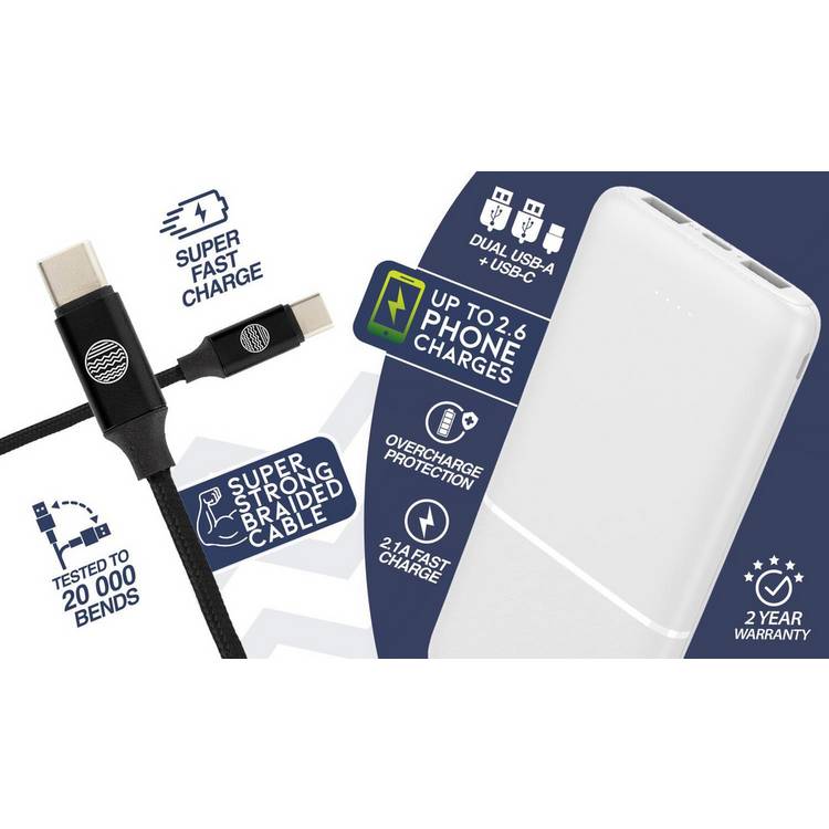 Our Pure Planet 10000mAh power bank with USB-C cable - British product