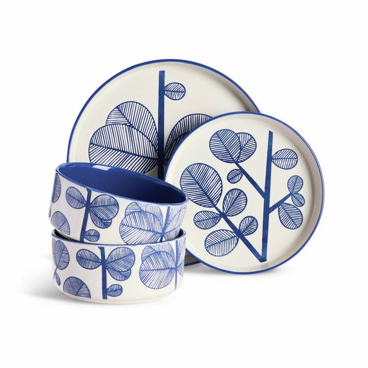 Habitat Blue Leaf 12-piece stoneware dinner set blue, UK version
