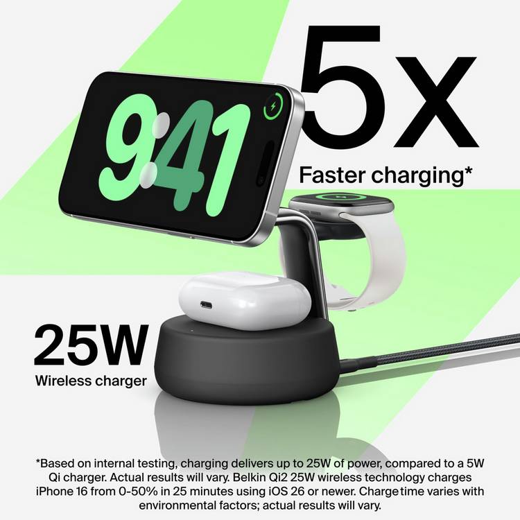 Belkin 25W Qi2 3-in-1 wireless charger, imported from the UK