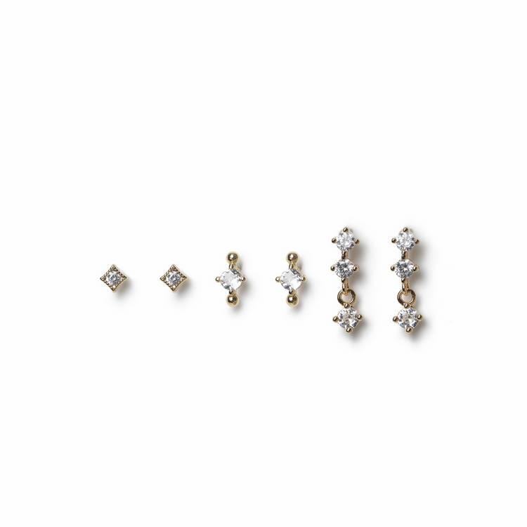 Freedom gold plated crystal stud earring set three pairs (British brand)