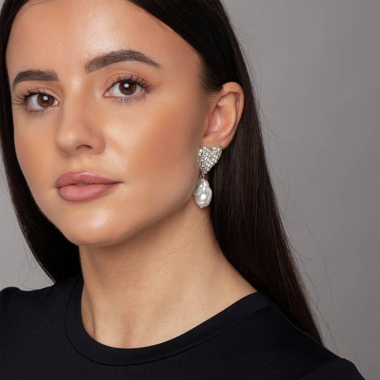 Freedom silver tone pave pearl heart stud earrings, imported from the UK