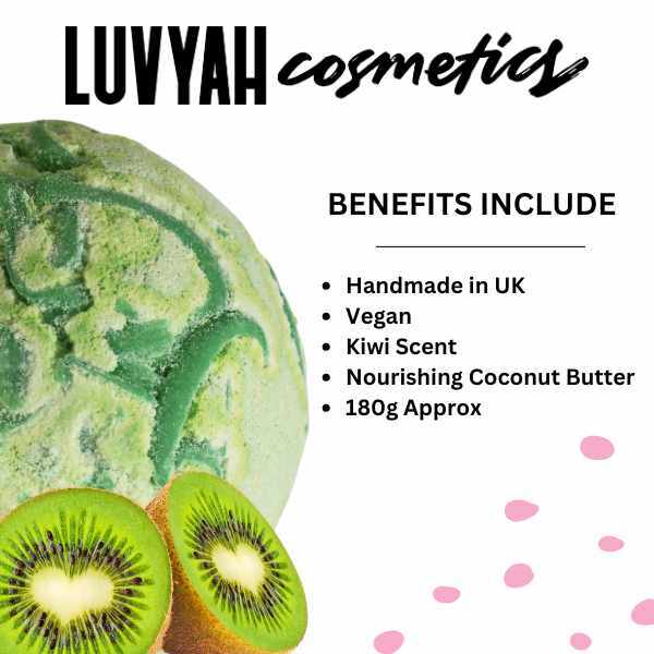 LUVYAH Cosmetics Kiwi Coconut Bath Bomb 180g, imported from the UK