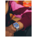 Casio Vintage Retro blue digital watch with silver bracelet, imported from the UK