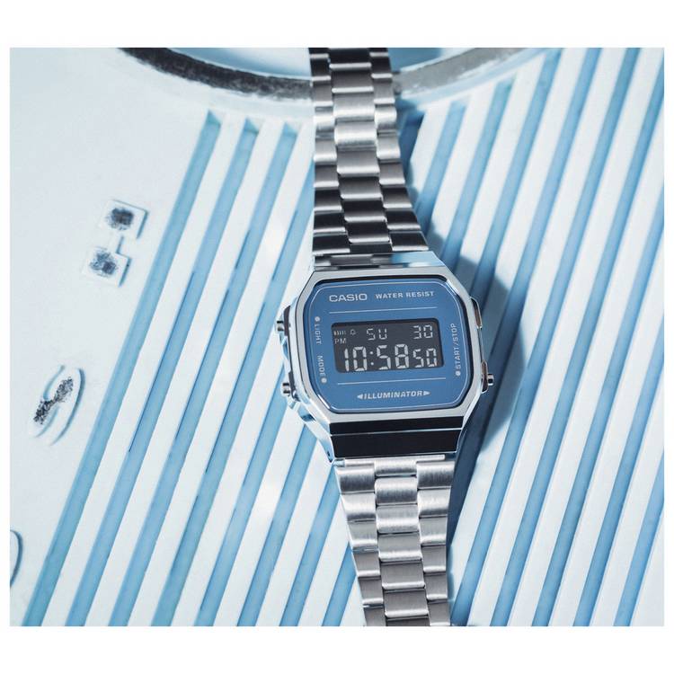 Casio Vintage Retro blue digital watch with silver bracelet, imported from the UK