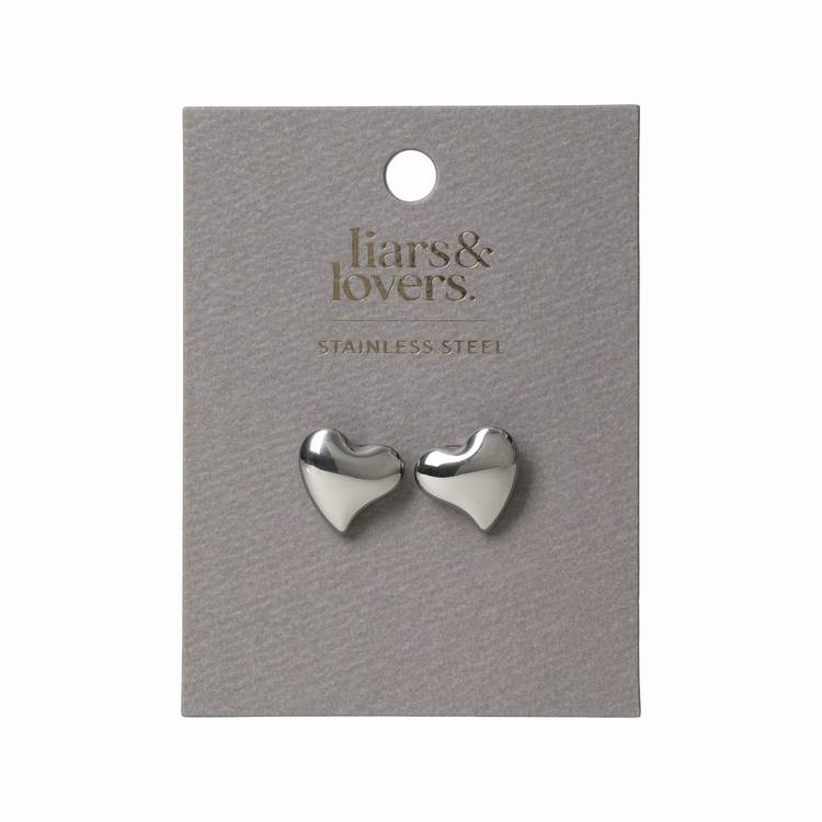 Liars & Lover heart stud earrings silver-tone 21mm, imported from the UK
