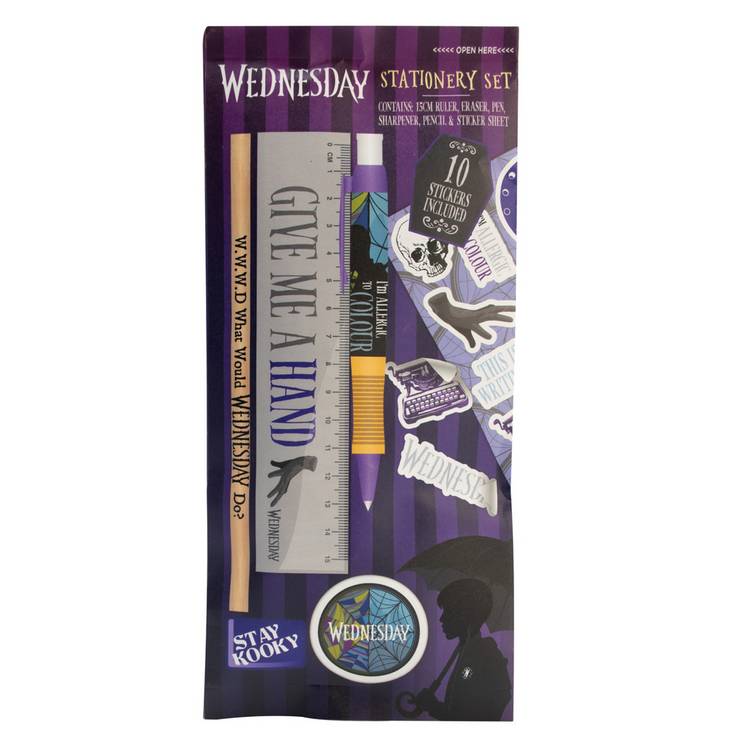 Wednesday stationery set with pen, stickers, and accessories, UK version