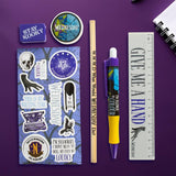 Wednesday stationery set with pen, stickers, and accessories, UK version
