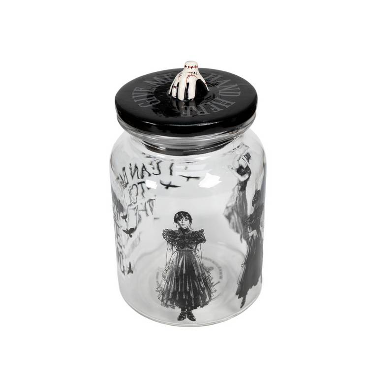 Wednesday Addams glass jar with printed quote and dance pose - British product