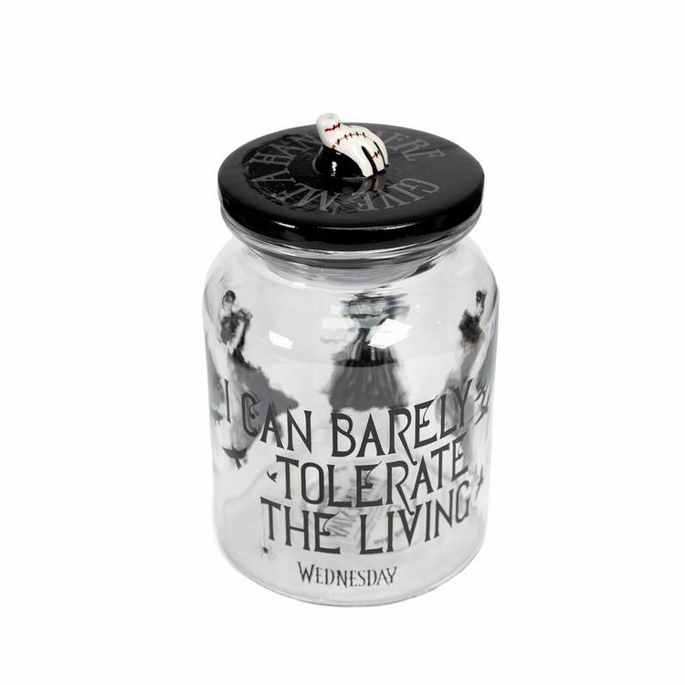 Wednesday Addams glass jar with printed quote and dance pose - British product