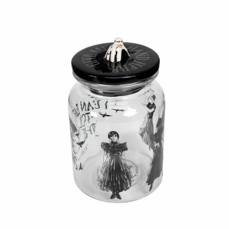 Wednesday Addams glass jar with printed quote and dance pose - British product