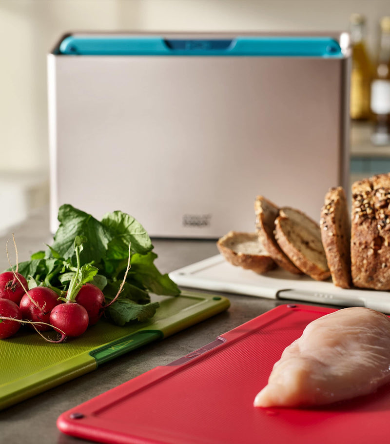 Joseph Joseph four-piece colour-coded chopping board set with case, UK version