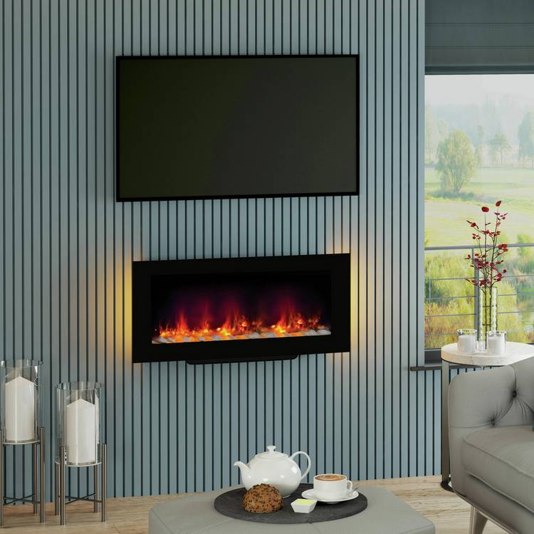Be Modern Amari electric fire wall-mounted black glass, imported from the UK