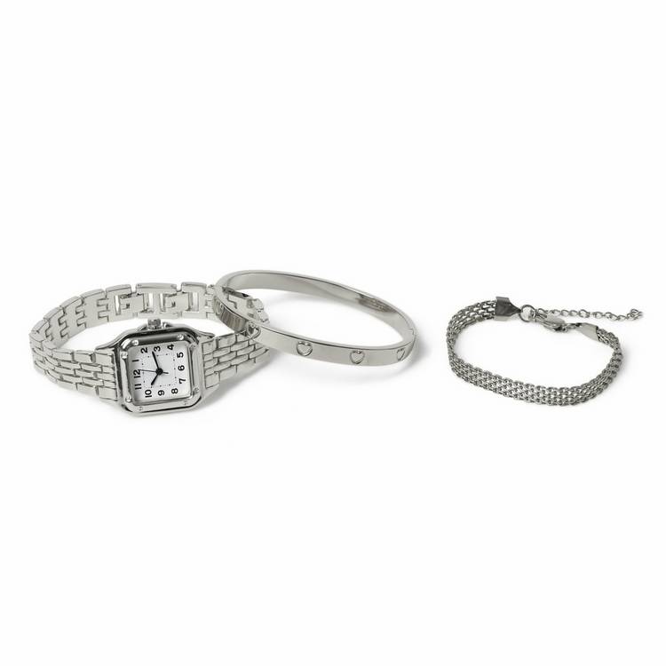Liars & Lovers silver watch bangle and bracelet set, imported from the UK