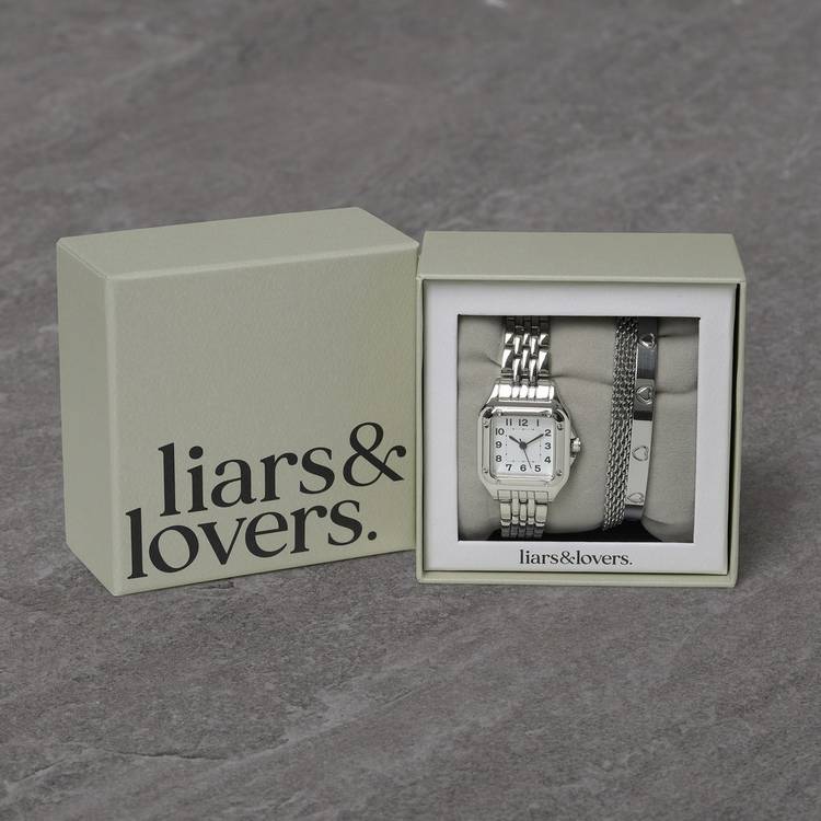 Liars & Lovers silver watch bangle and bracelet set, imported from the UK