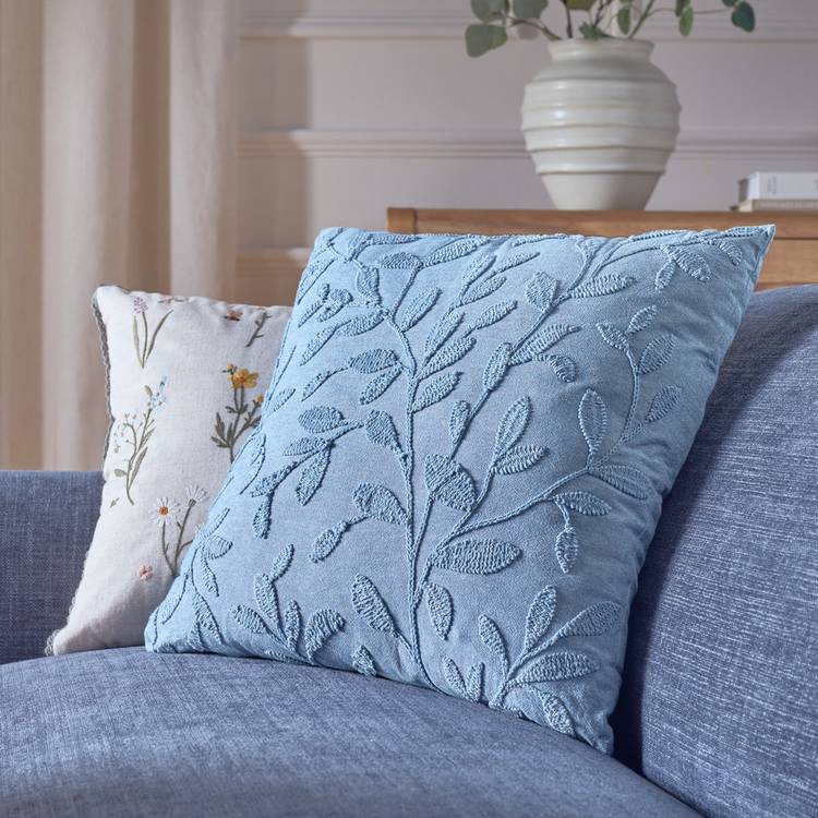 Argos Home leaf embroidery cushion blue 50x50cm British brand