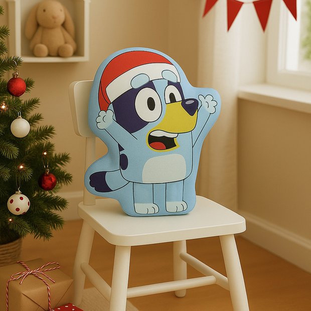 Bluey blue Christmas shaped cushion 40x30cm, imported from the UK