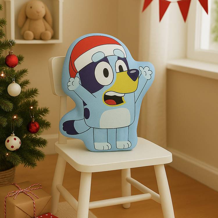 Bluey blue Christmas shaped cushion 40x30cm, imported from the UK