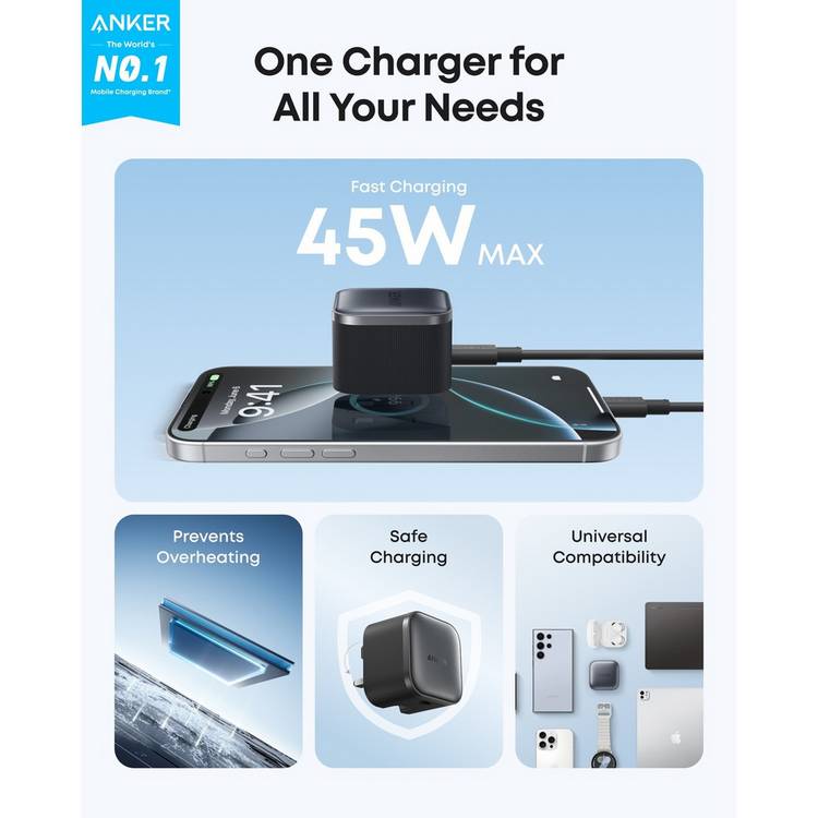 Anker 45W USB-C Nano Charger in Black - British product