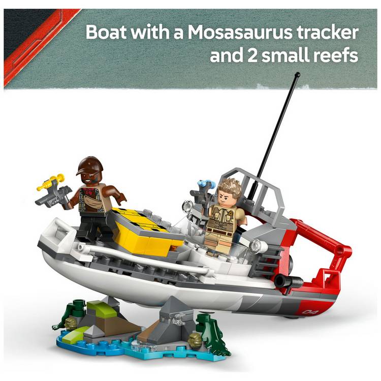 LEGO Jurassic World Mosasaurus Boat Mission toy set, UK version