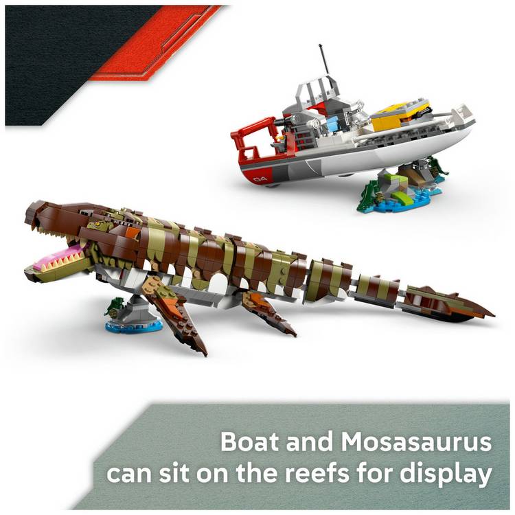 LEGO Jurassic World Mosasaurus Boat Mission toy set, UK version