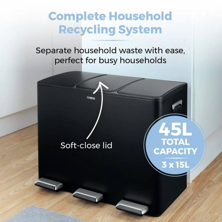 Tower three compartment recycling pedal bin 45L, UK version