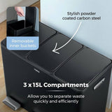 Tower three compartment recycling pedal bin 45L, UK version
