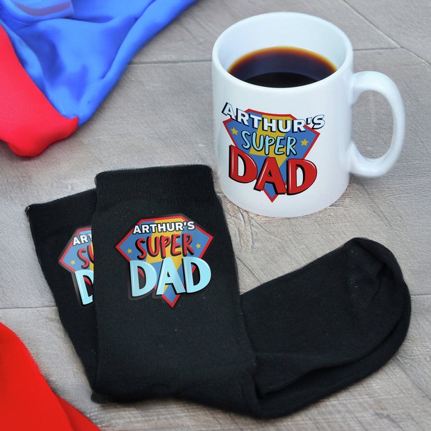 Personalised Super Dad mug and socks set, UK version