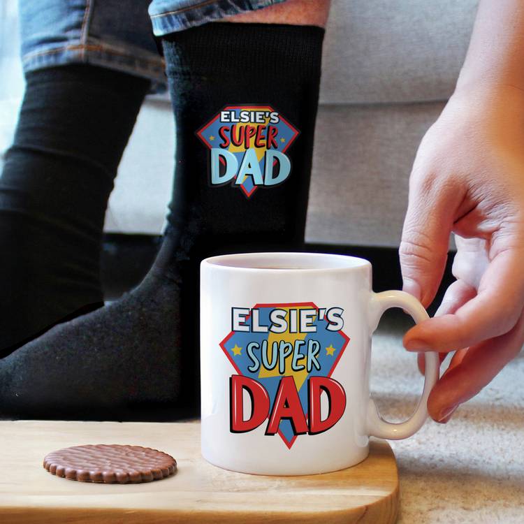 Personalised Super Dad mug and socks set, UK version