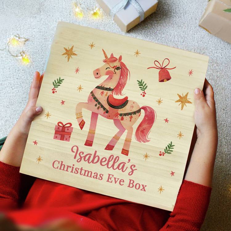 Personalised pink unicorn wooden Christmas Eve box imported from the UK