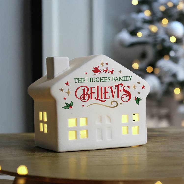 White ceramic LED Christmas house with name - British product