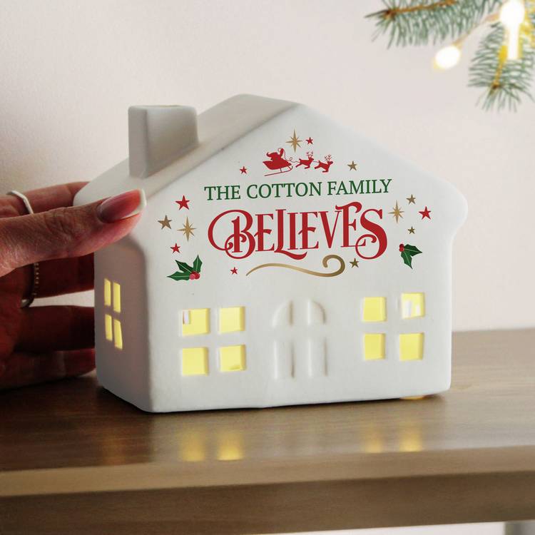 White ceramic LED Christmas house with name - British product