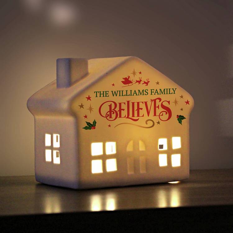 White ceramic LED Christmas house with name - British product