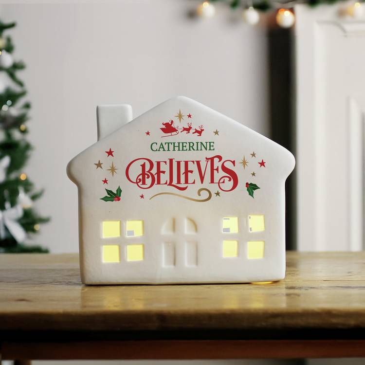 White ceramic LED Christmas house with name - British product