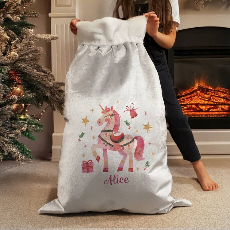 Personalised unicorn Christmas sack 68cm tall - British product