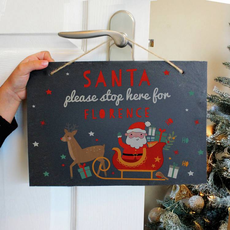 Personalised Santa Stop Here slate sign 20cm x 22cm (British brand)