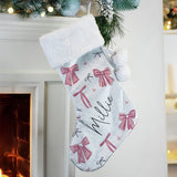 Personalised pink velvet Christmas stocking with white cuff, imported from the UK