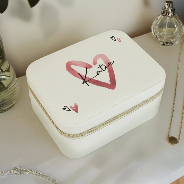 Personalised faux leather heart jewellery box, imported from the UK