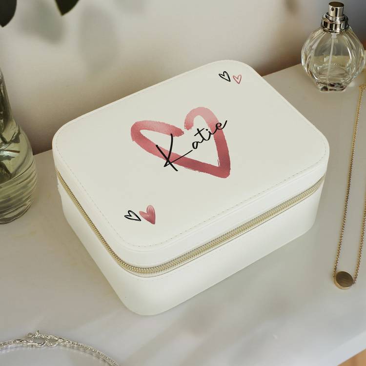 Personalised faux leather heart jewellery box, imported from the UK