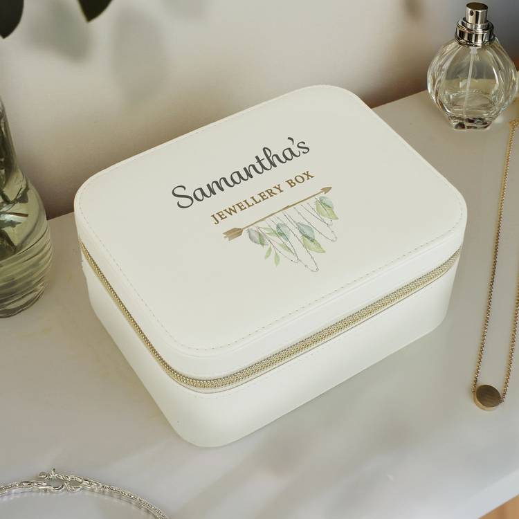 Personalised botanical travel jewellery box with faux leather finish - British product