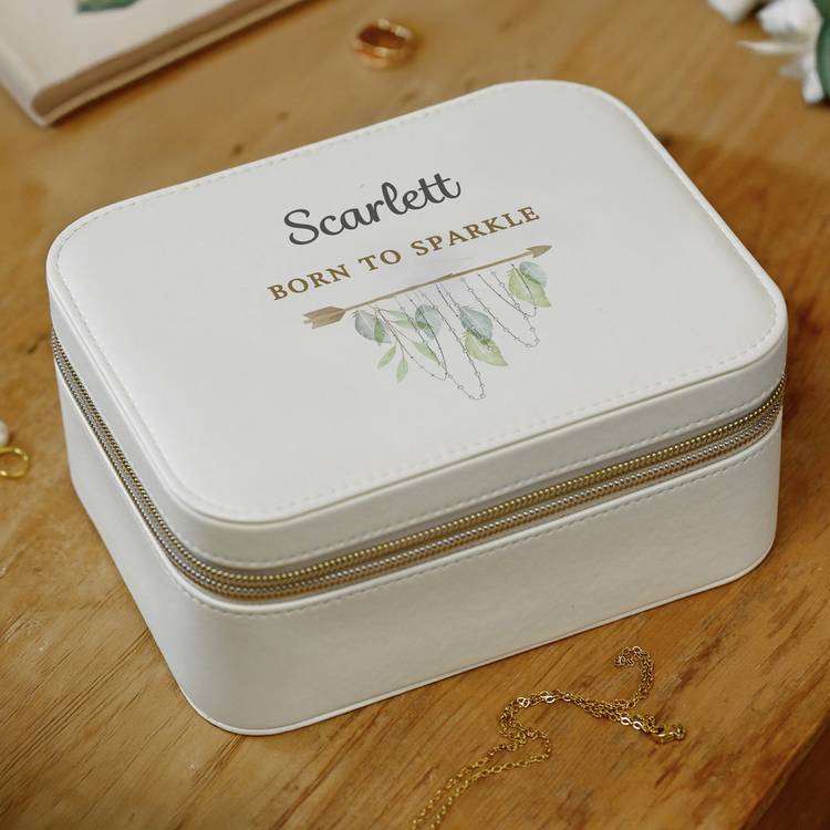 Personalised botanical travel jewellery box with faux leather finish - British product