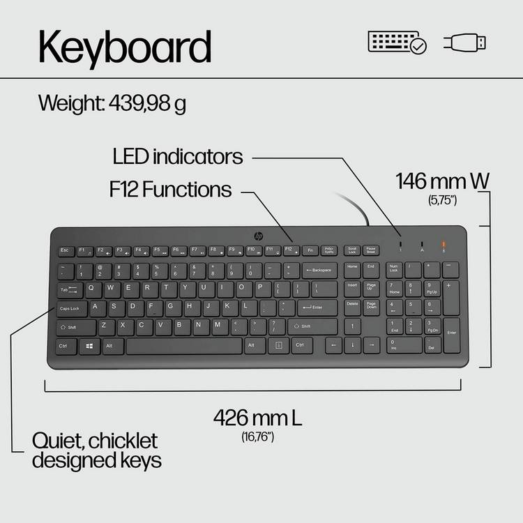 HP 150 wired keyboard and mouse set, imported from the UK