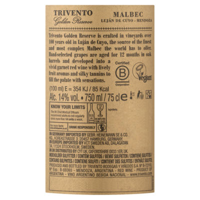 Trivento Golden Reserve Malbec wine 75cl (British brand)