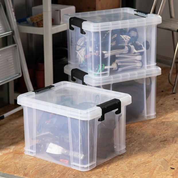 Strata Stackmaster 3 x 35L plastic storage boxes black (British brand)
