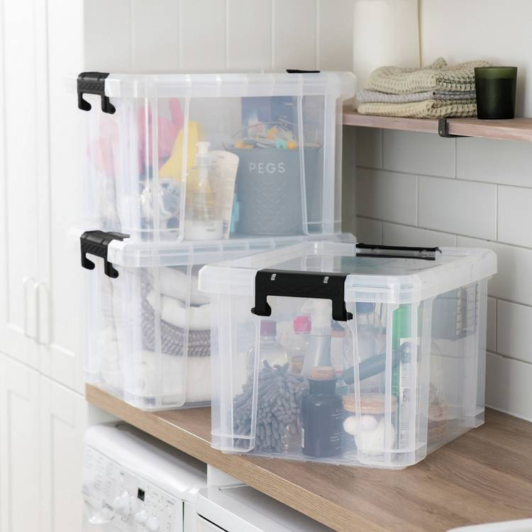 Strata Stackmaster 3 x 35L plastic storage boxes black (British brand)