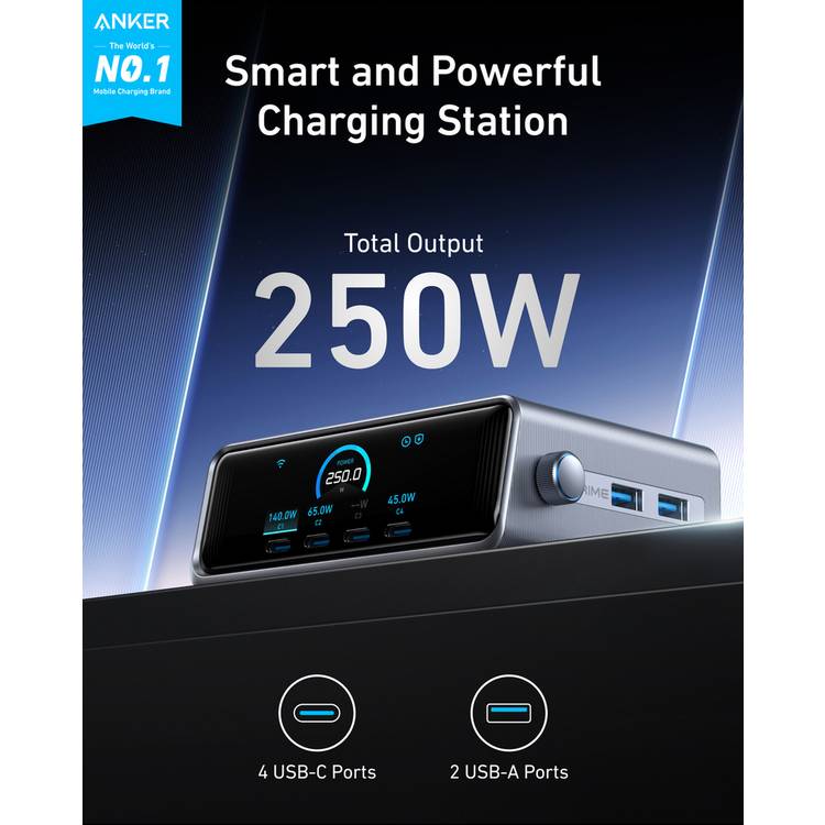 Anker Prime 250W 6-Port GaN Desktop Charger Black (British brand)