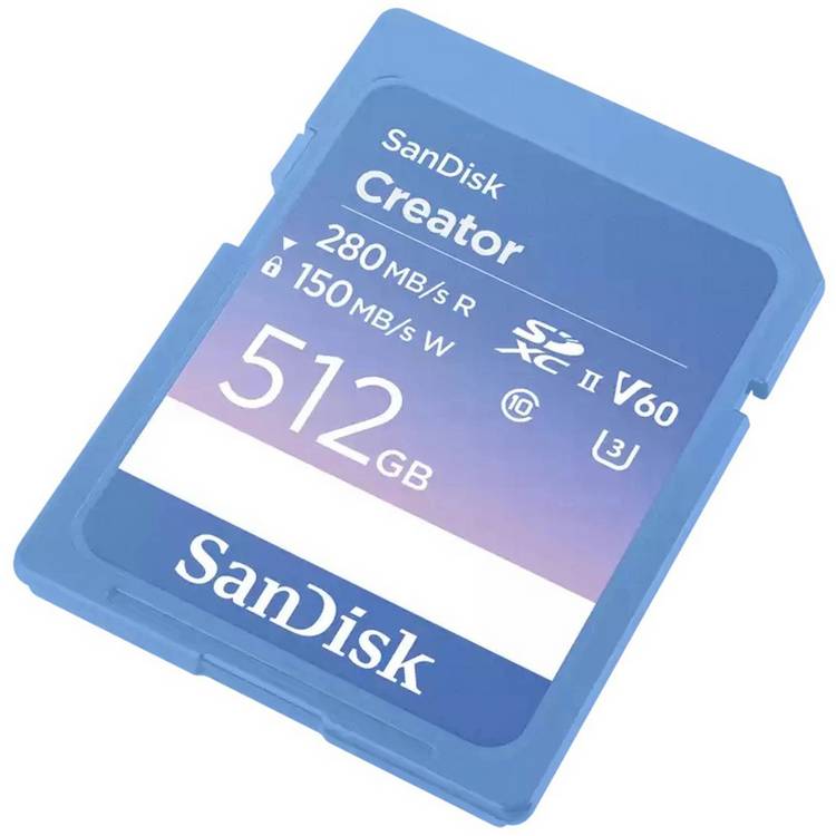 SanDisk Creator 280MBs SD UHS-II memory card 512GB, imported from the UK