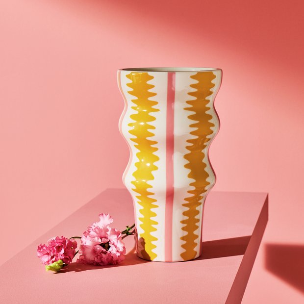 Habitat pink and yellow stripe ceramic vase 25cm (British brand)