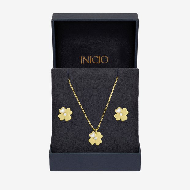 Inicio gold plated clover jewellery set with cubic zirconia, imported from the UK