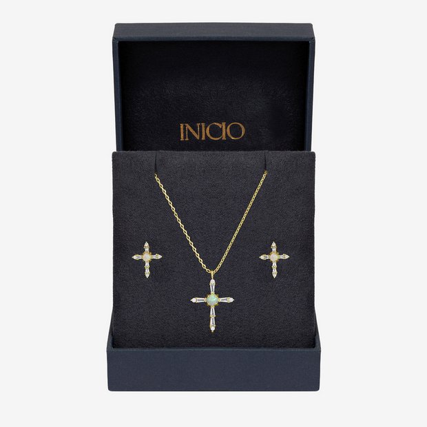 Inicio 14K gold plated cross set with cubic zirconia and opal, imported from the UK