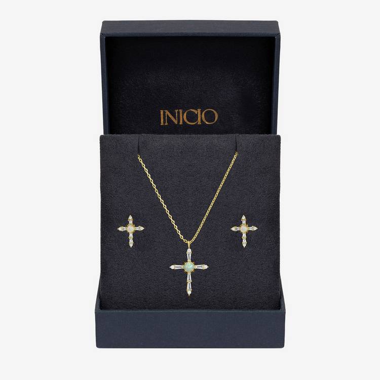 Inicio 14K gold plated cross set with cubic zirconia and opal, imported from the UK